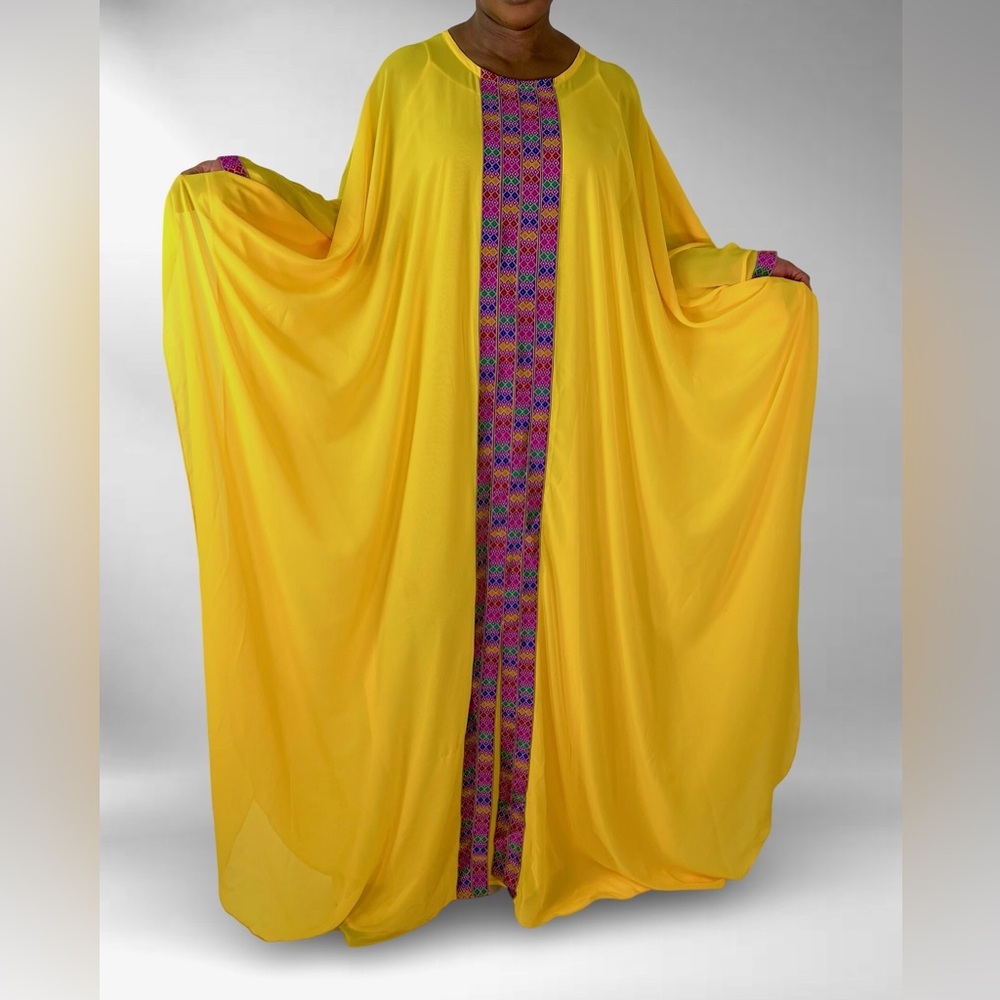 Oversized Vibrant Yellow  Maxi Kaftan Dress With Multicolor Tribal Print Detail - Picture 7 of 7